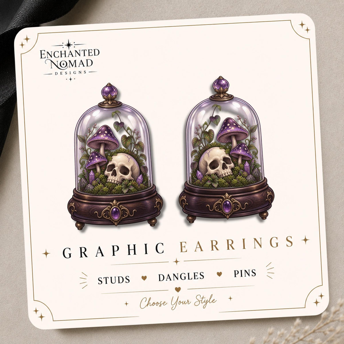 Gothic Skull Mushroom Terrarium Earrings & Pins on original display card