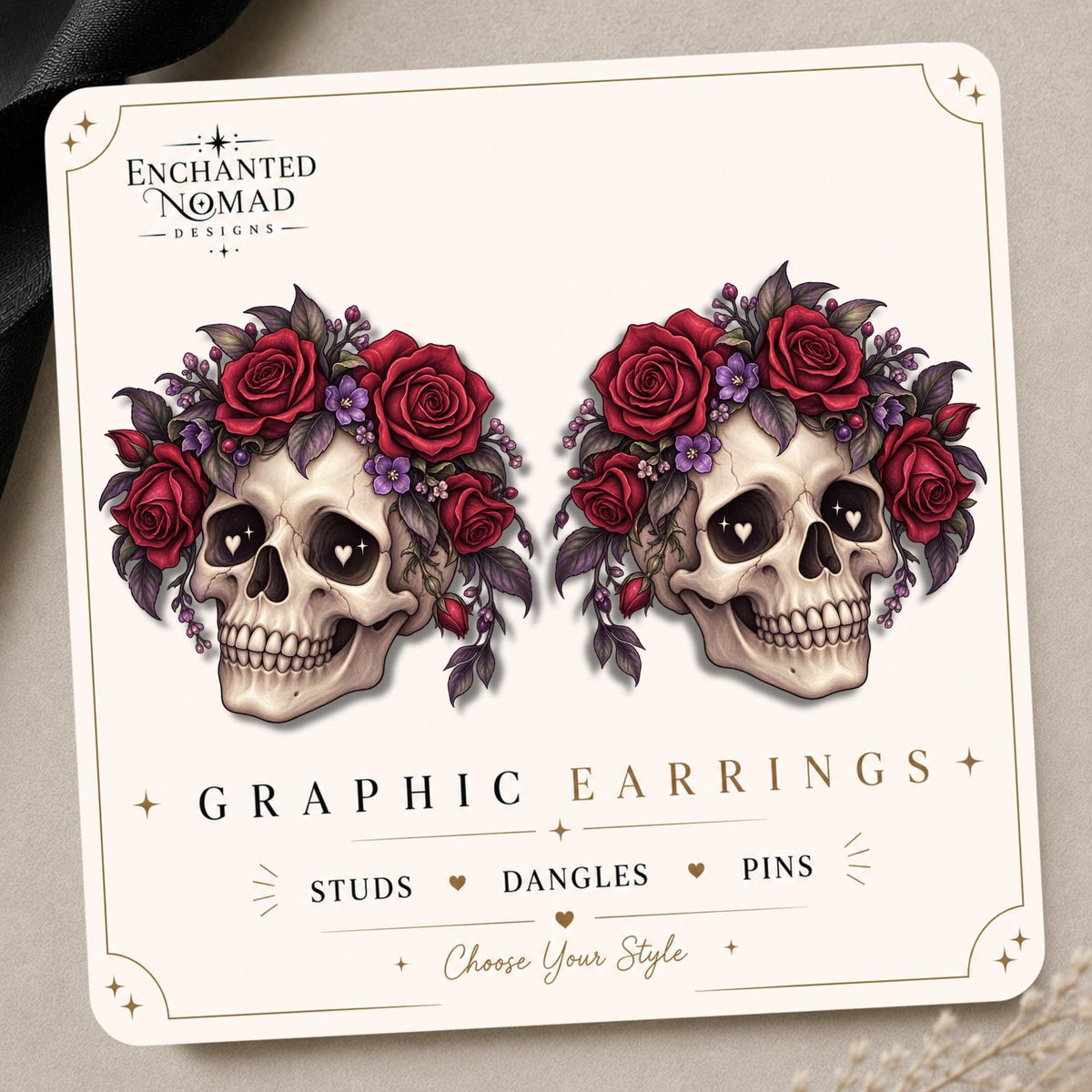 Gothic Skull with Red Roses Earrings & Pins on original display card