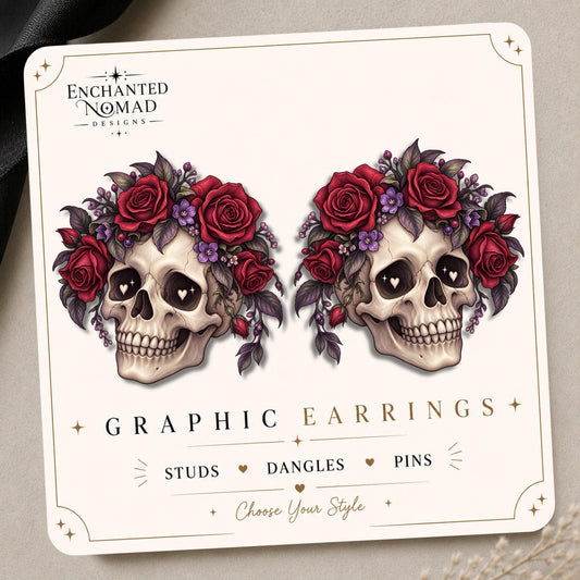 Gothic Skull with Red Roses Earrings & Pins on original display card