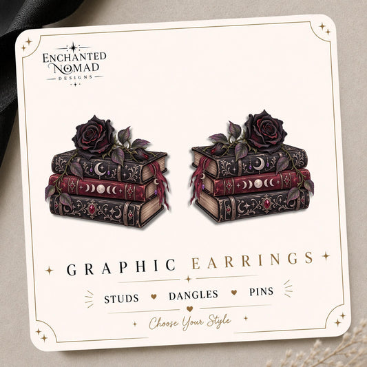 Gothic Black Rose Books Earrings & Pins on original display card