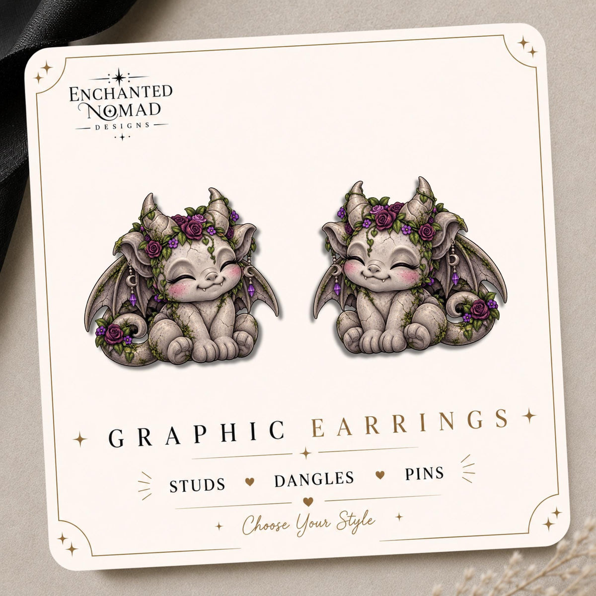 Smiling Purple Rose Gargoyle Earrings & Pins on original display card