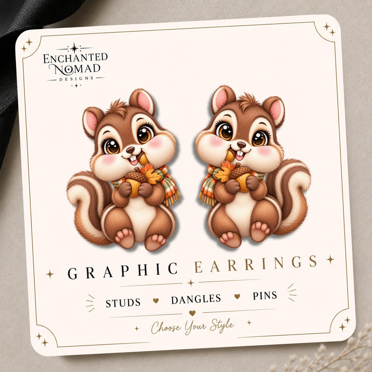 Fall Squirrel with Acorn Earrings & Pins on original display card