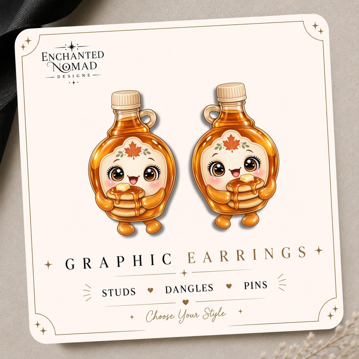 Maple Syrup Pancake Earrings & Pins on original display card