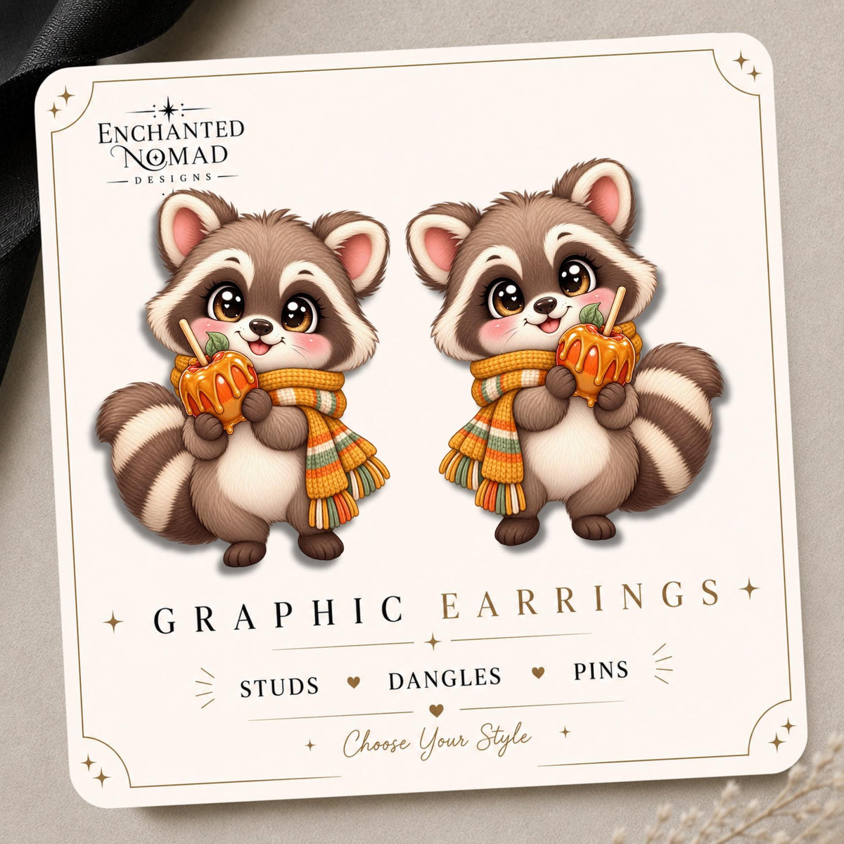 Caramel Apple Raccoon Earrings & Pins on original display card