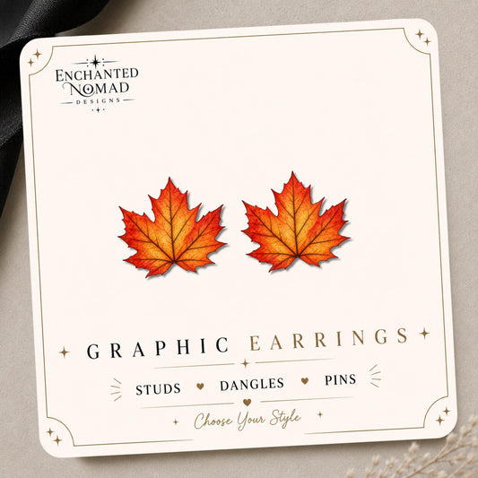 Autumn Maple Leaf Earrings & Pins on an Enchanted Nomad Designs product display card