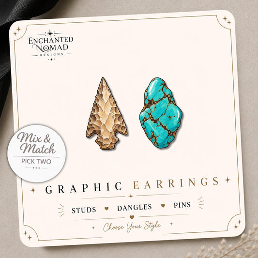 Arrowhead and Turquoise Earrings & Pins on a display card