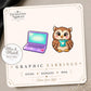 Work From Home Owl and Laptop Earrings & Pins on a display card