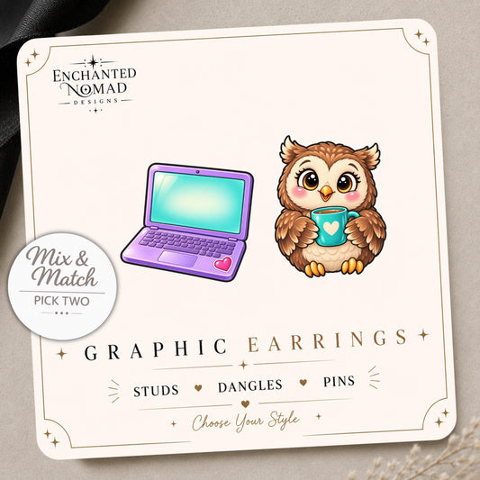 Work From Home Owl and Laptop Earrings & Pins on a display card