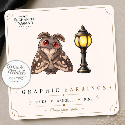 Moth and Lamp Earrings & Pins on a display card