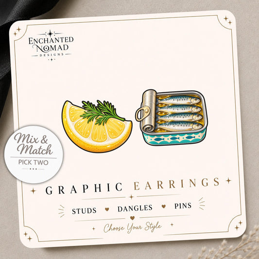 Sardine and Lemon Earrings & Pins on a display card