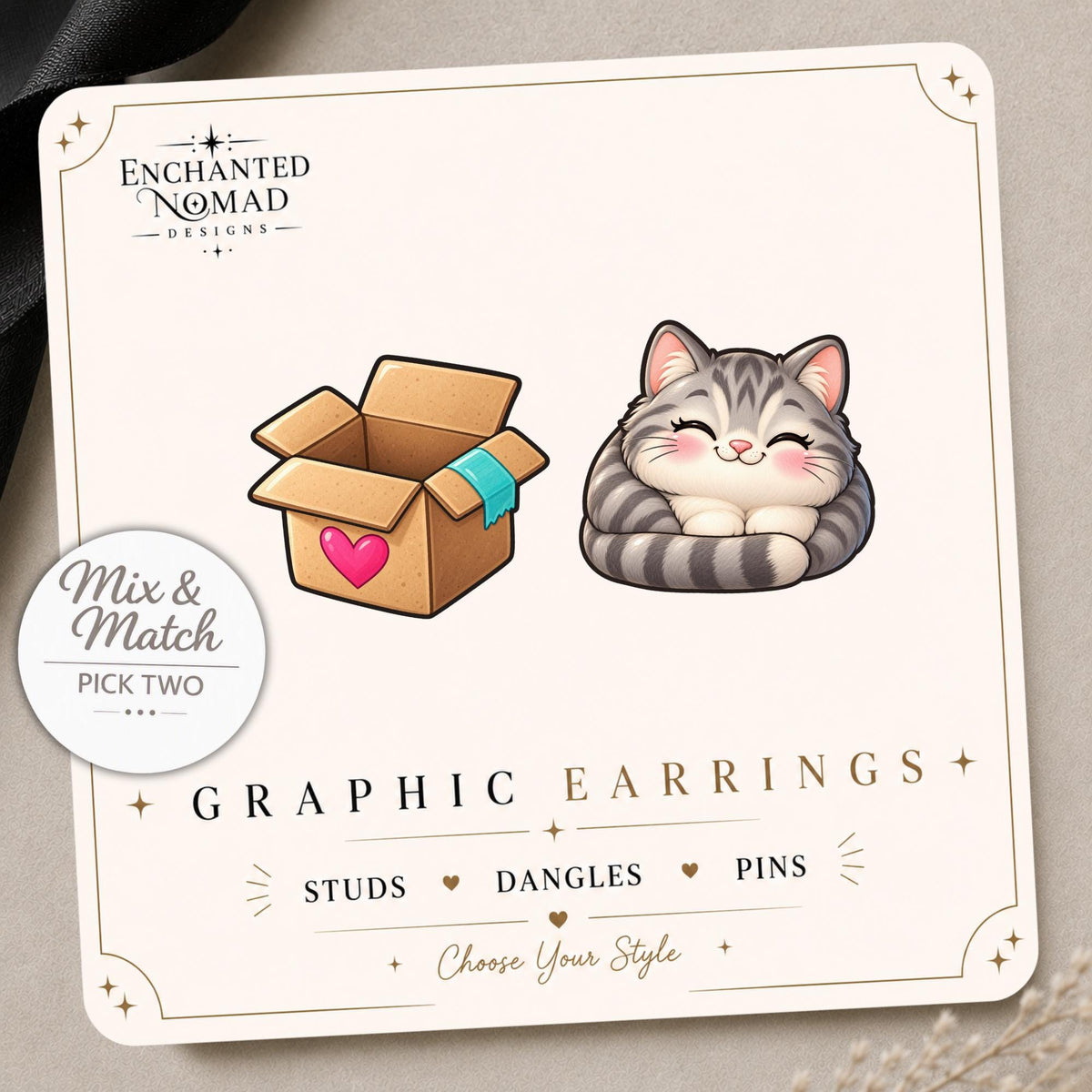 Cat and Box Earrings & Pins on a display card