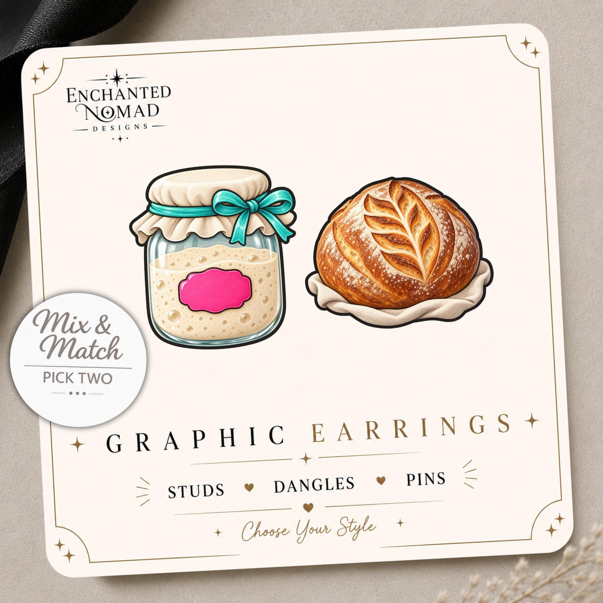 Sourdough Starter and Bread Earrings & Pins on a display card