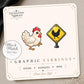 Chicken Crossing Earrings & Pins on a display card
