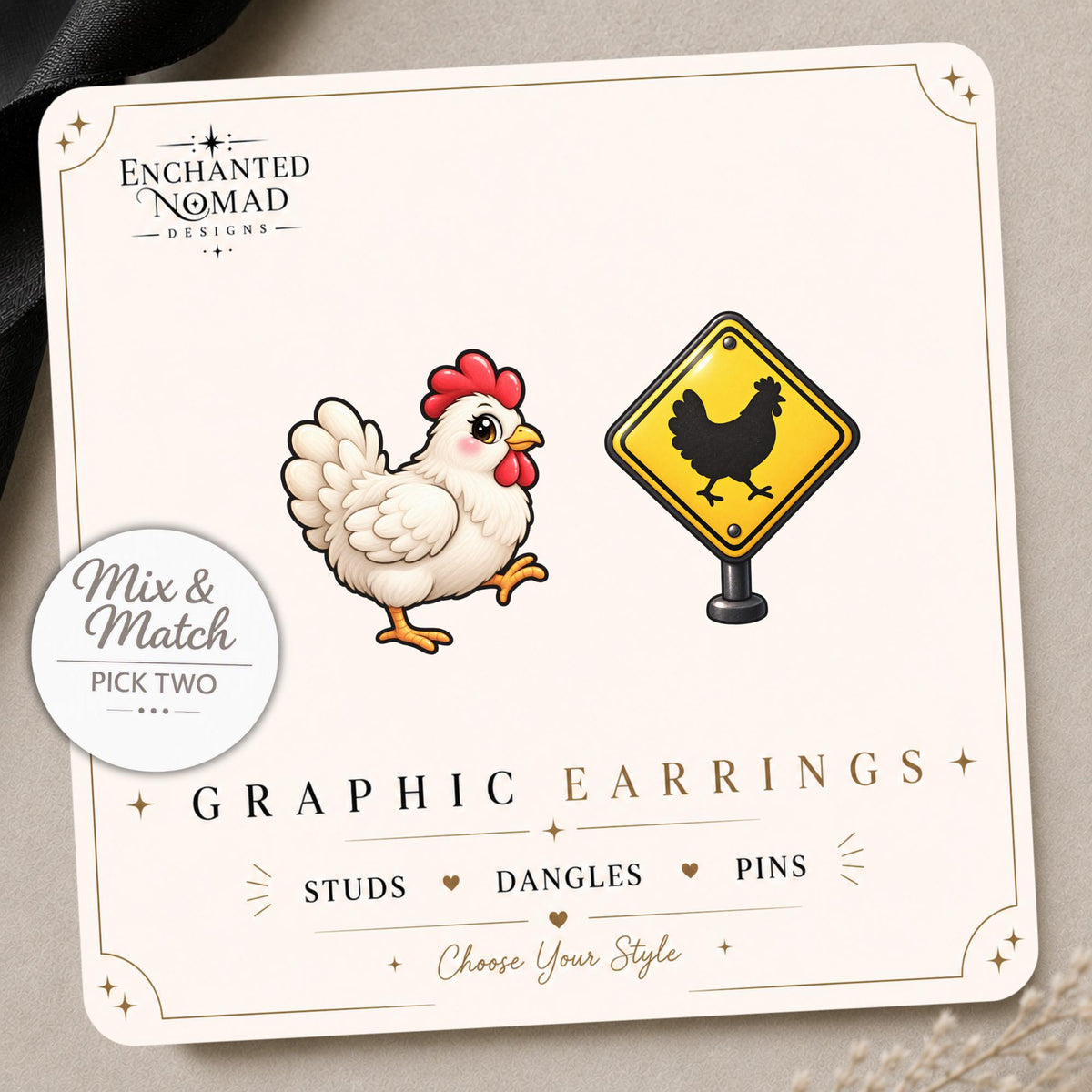 Chicken Crossing Earrings & Pins on a display card