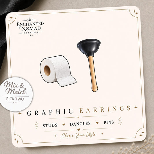 Toilet Paper and Plunger Earrings & Pins on a display card