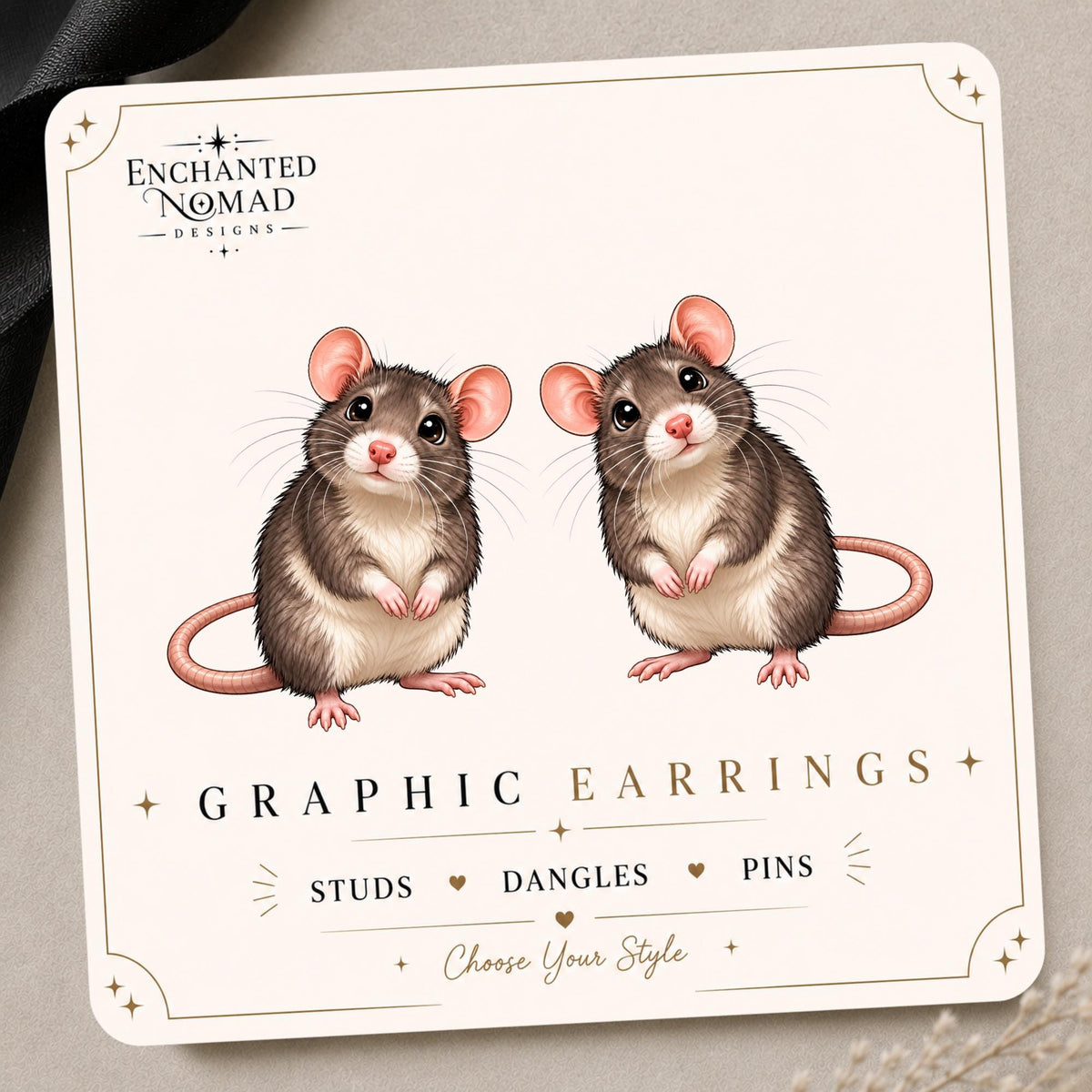 Pet Rat Earrings & Pins on a display card