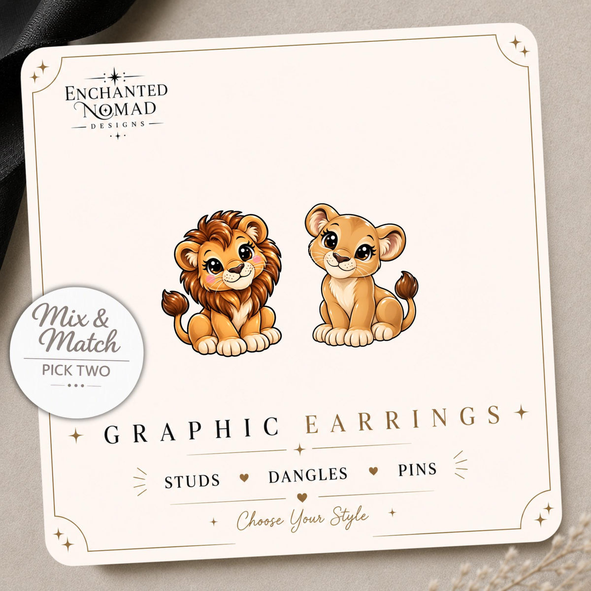 Lion and Lioness Earrings & Pins on a display card