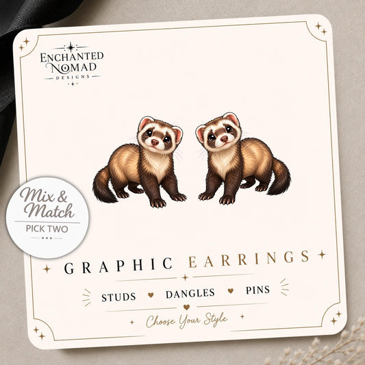Ferret Earrings & Pins on a display card