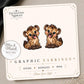 Spotted Hyena graphic earrings and pins on a display card