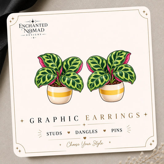 Striped Planter Prayer Plant graphic earrings and pins on a display card