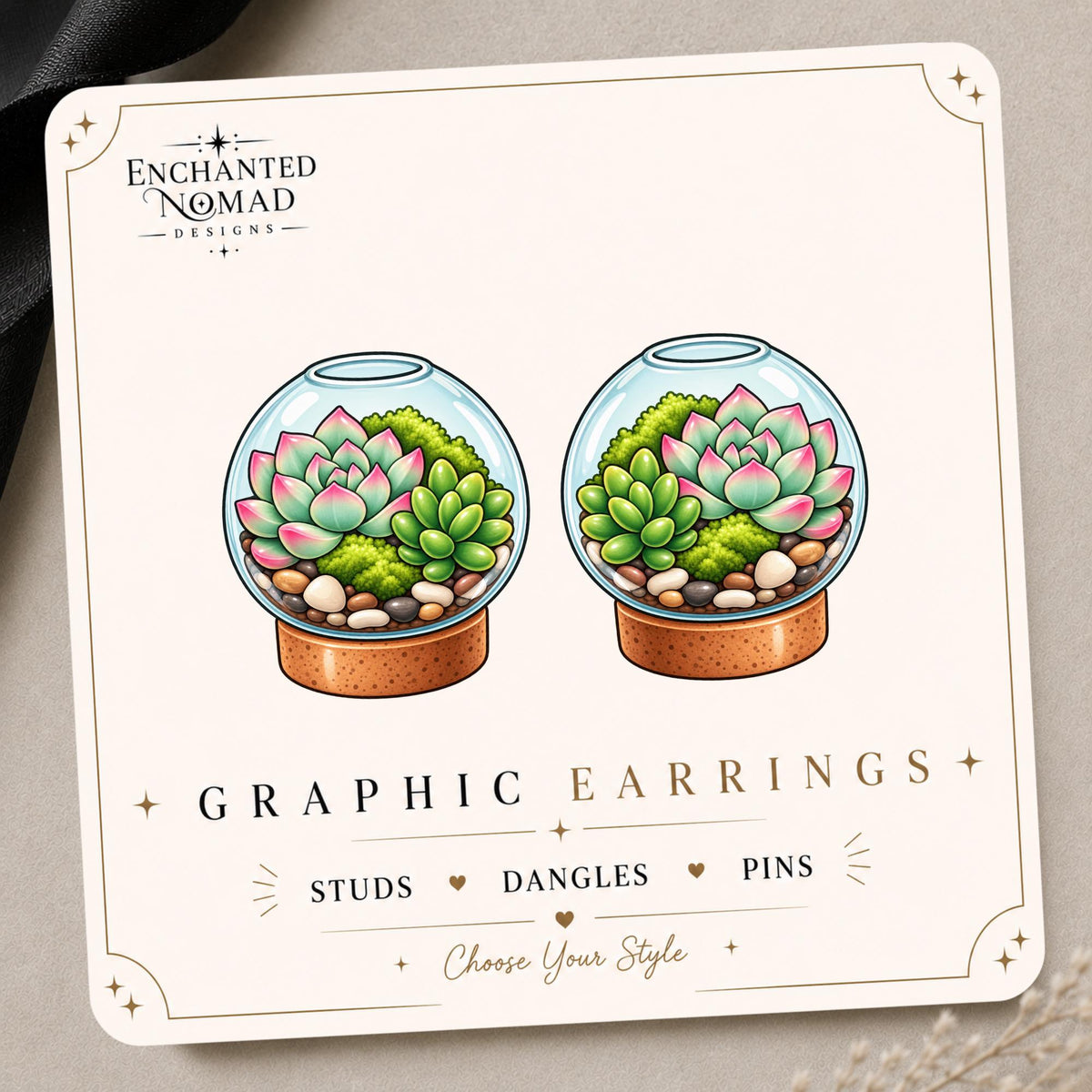 Succulent Terrarium graphic earrings and pins on a display card