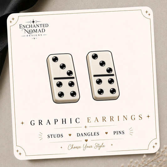Domino Earrings & Pins on a branded display card