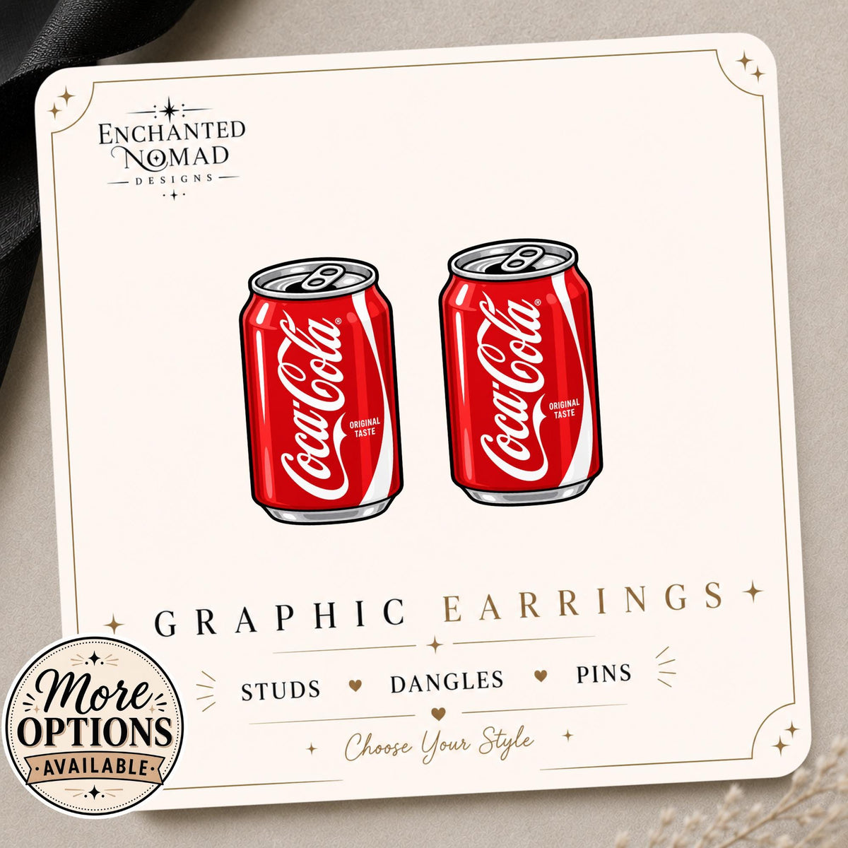 Soda can earrings and pins design display