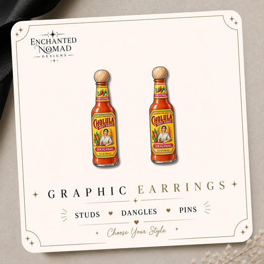 Hot Sauce Bottle Earrings & Pins on a branded display card