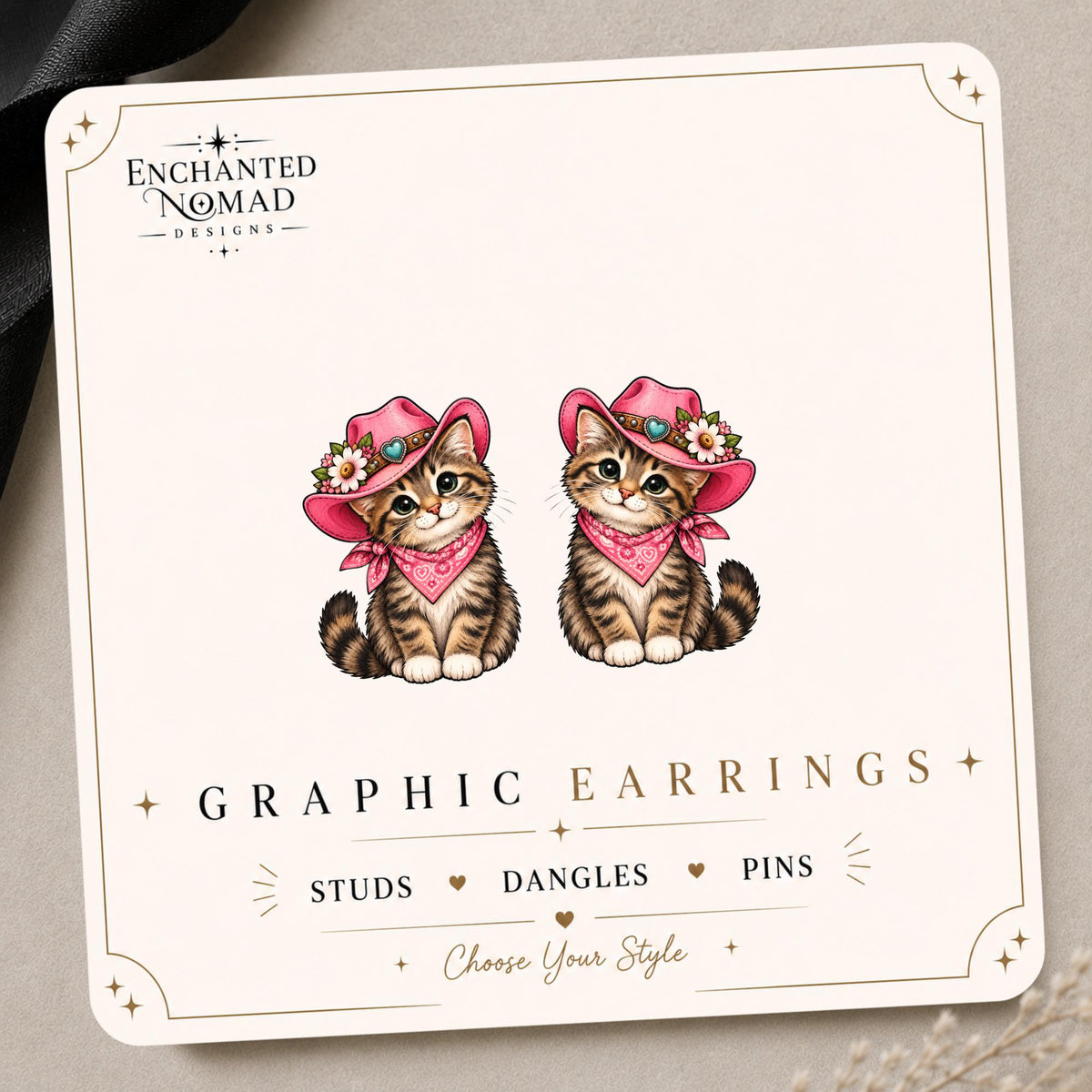 Pink Cowboy Hat Kitten Earrings & Pins