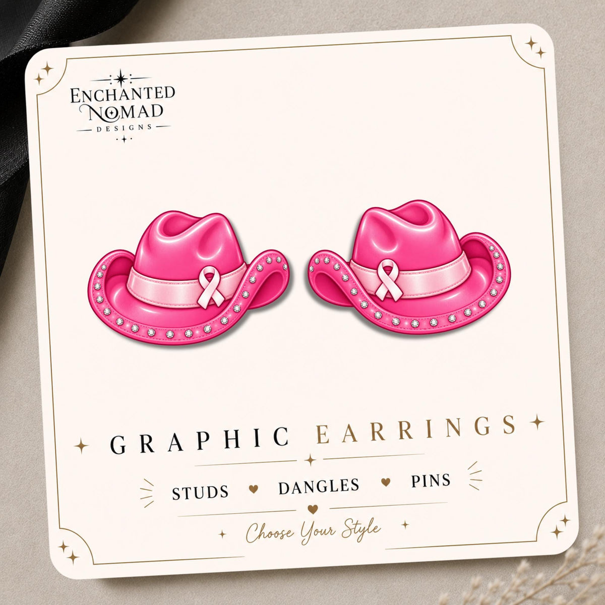 Pink Ribbon Cowboy Hat Earrings & Pins on original display card