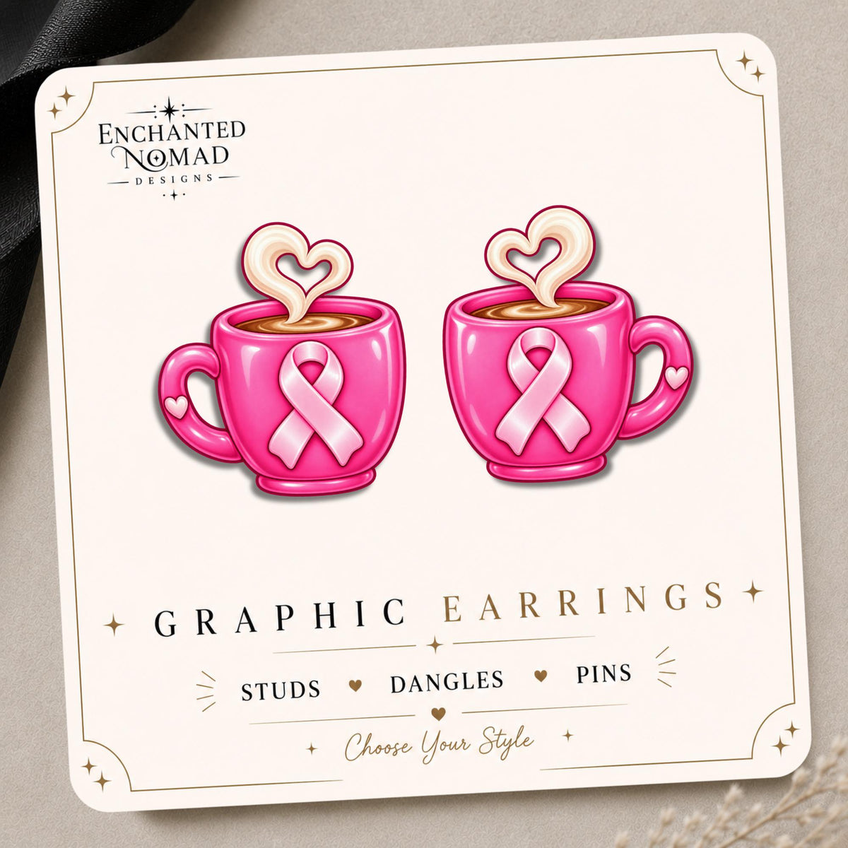 Pink Ribbon Coffee Cup Earrings & Pins on original display card