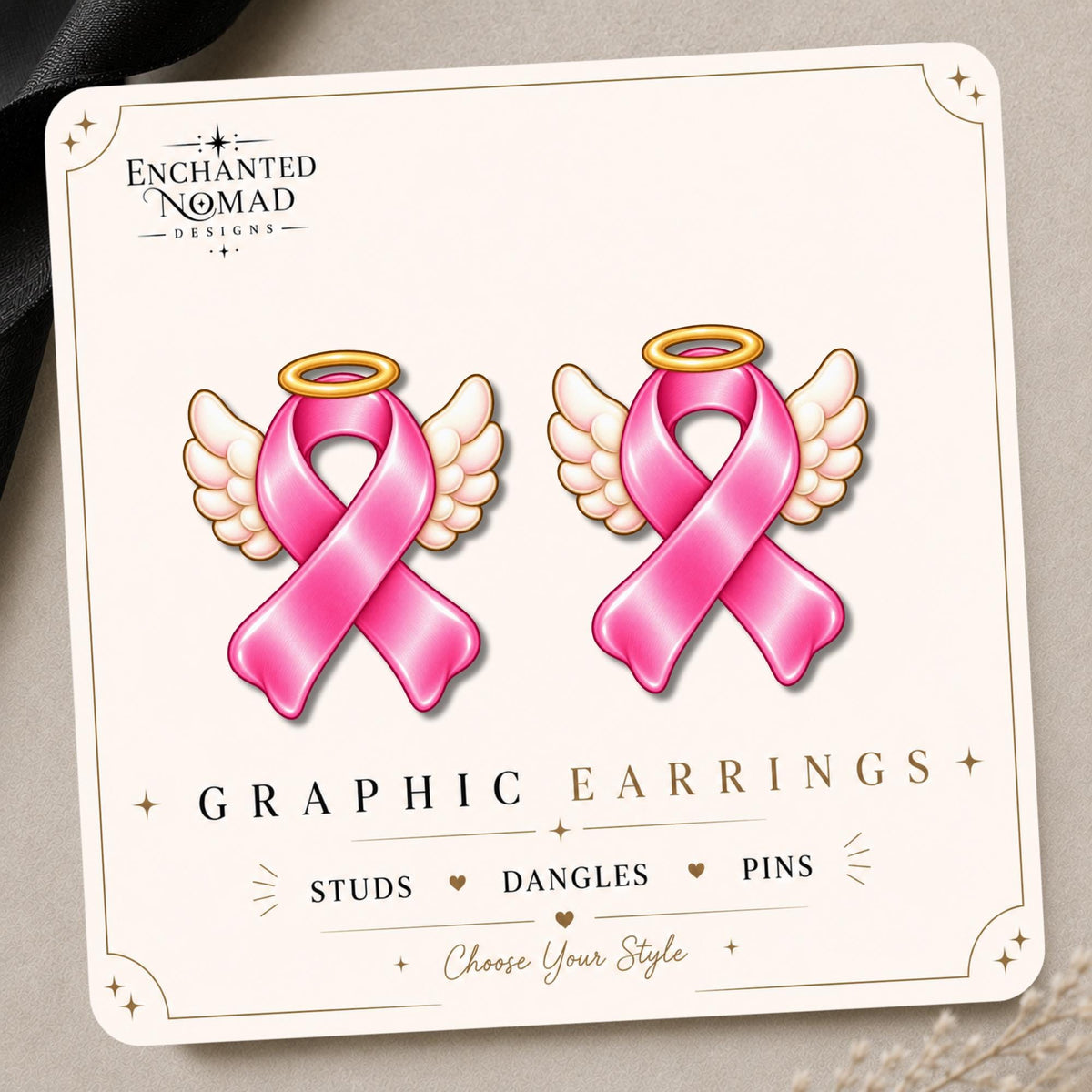 Pink Ribbon Angel Halo Earrings & Pins on original display card