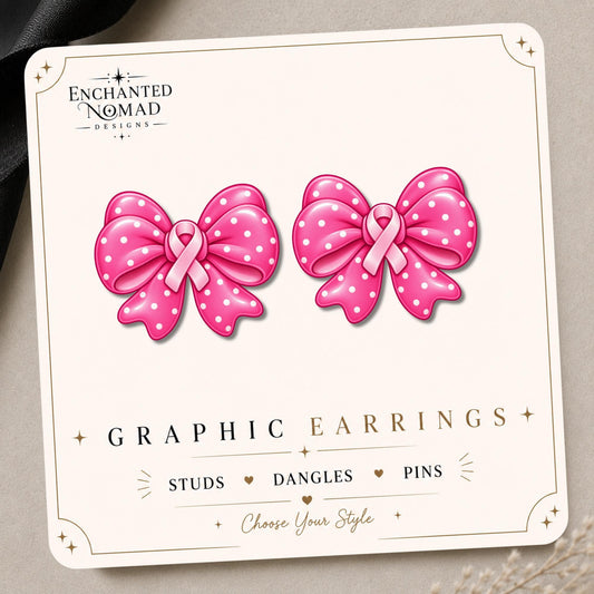 Pink Polka Dot Awareness Bow Earrings & Pins on original display card