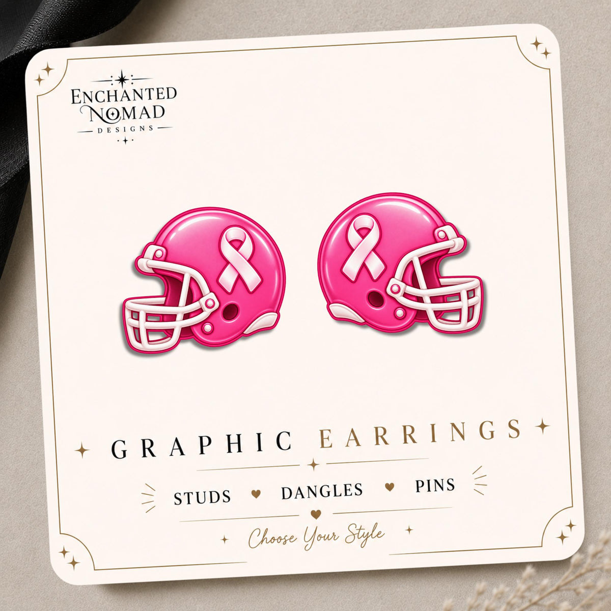 Pink Ribbon Football Helmet Earrings & Pins on original display card