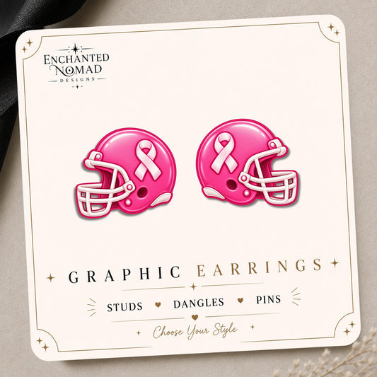Pink Ribbon Football Helmet Earrings & Pins on original display card