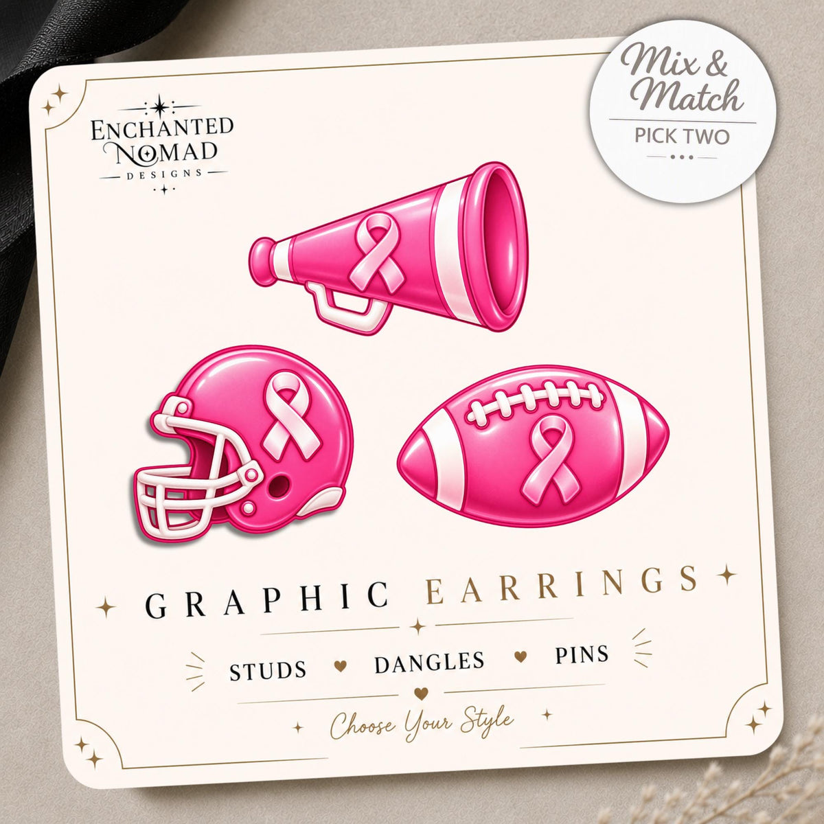 Pink Ribbon Football Mix and Match Earrings & Pins on original display card