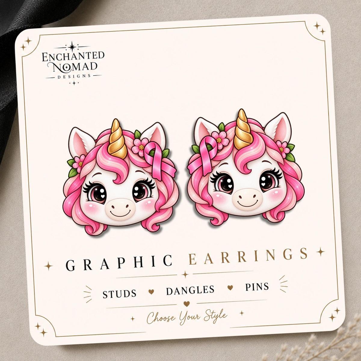 Pink Ribbon Unicorn Earrings & Pins on original display card
