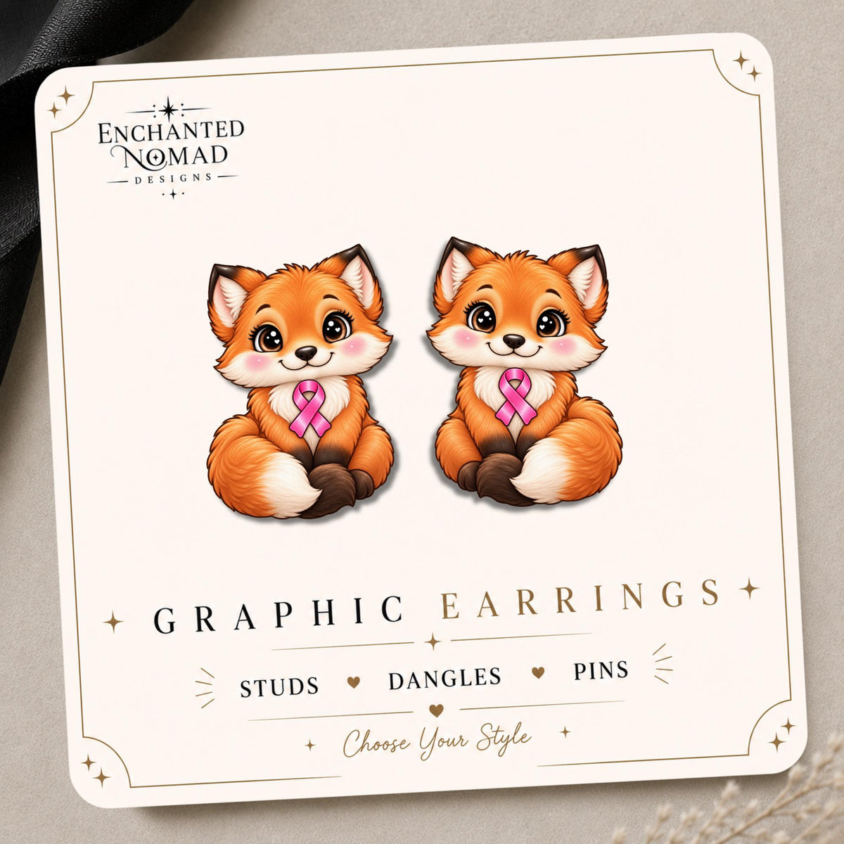 Pink Ribbon Fox Earrings & Pins on original display card