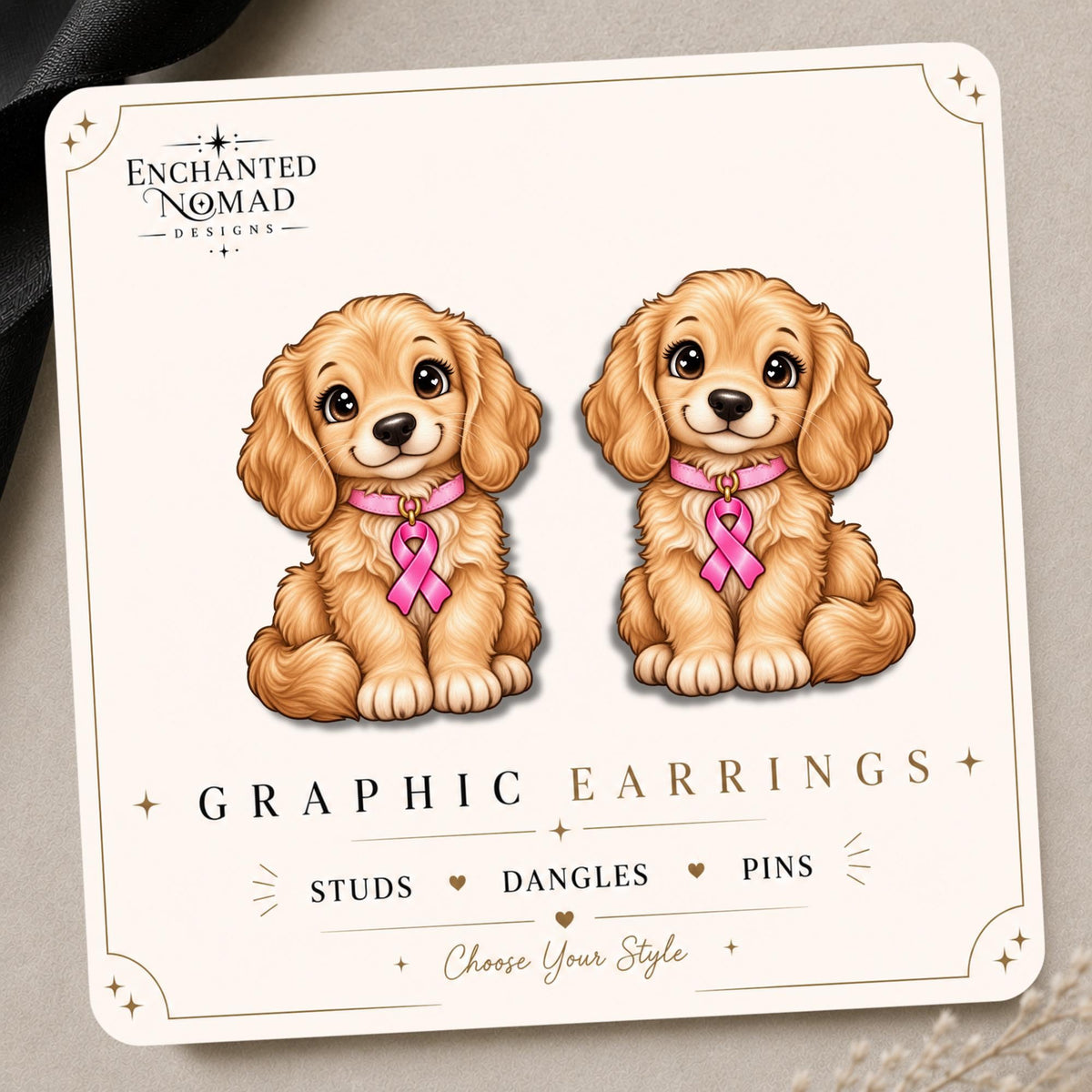 Pink Ribbon Puppy Earrings & Pins on original display card