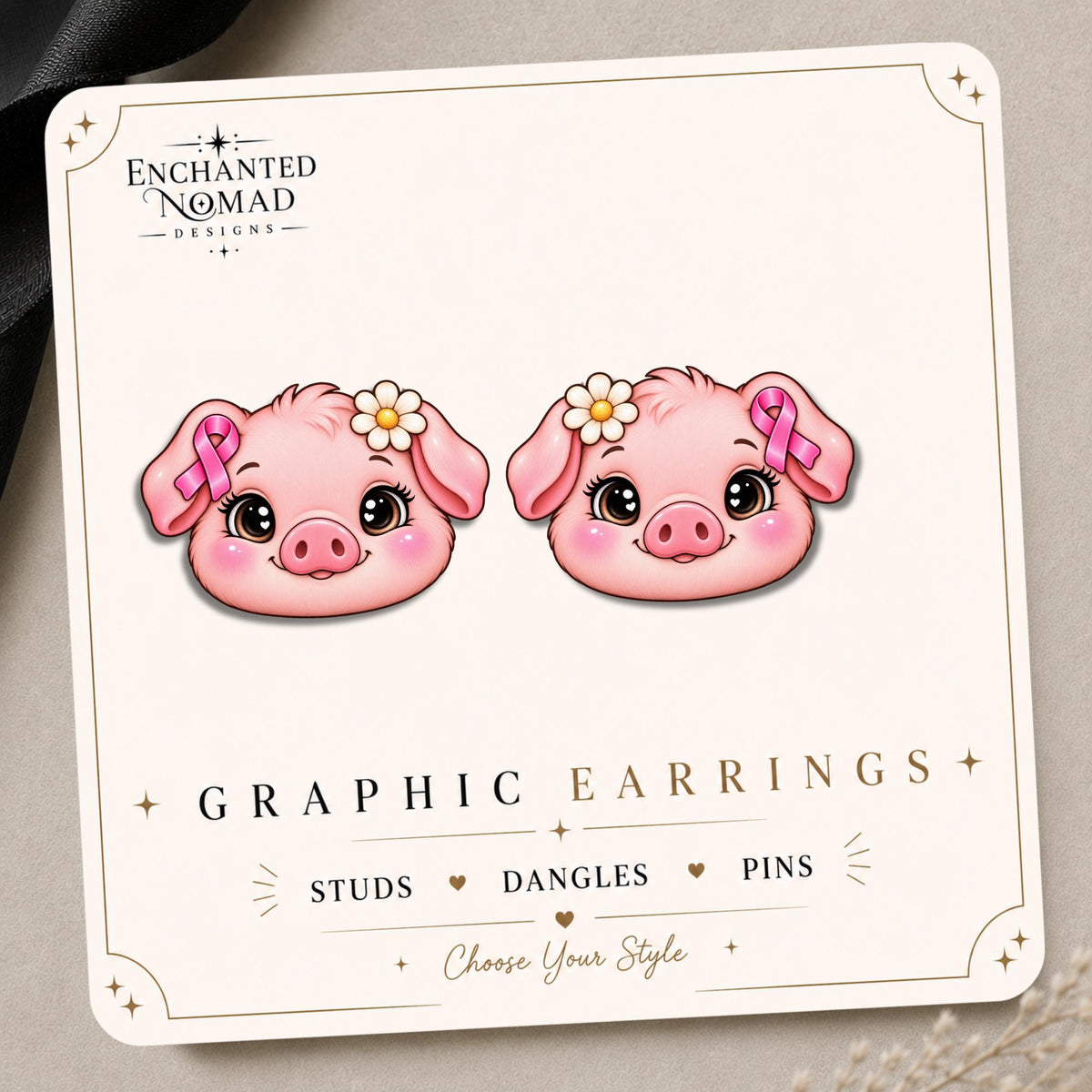 Pink Ribbon Pig Face Earrings & Pins on original display card