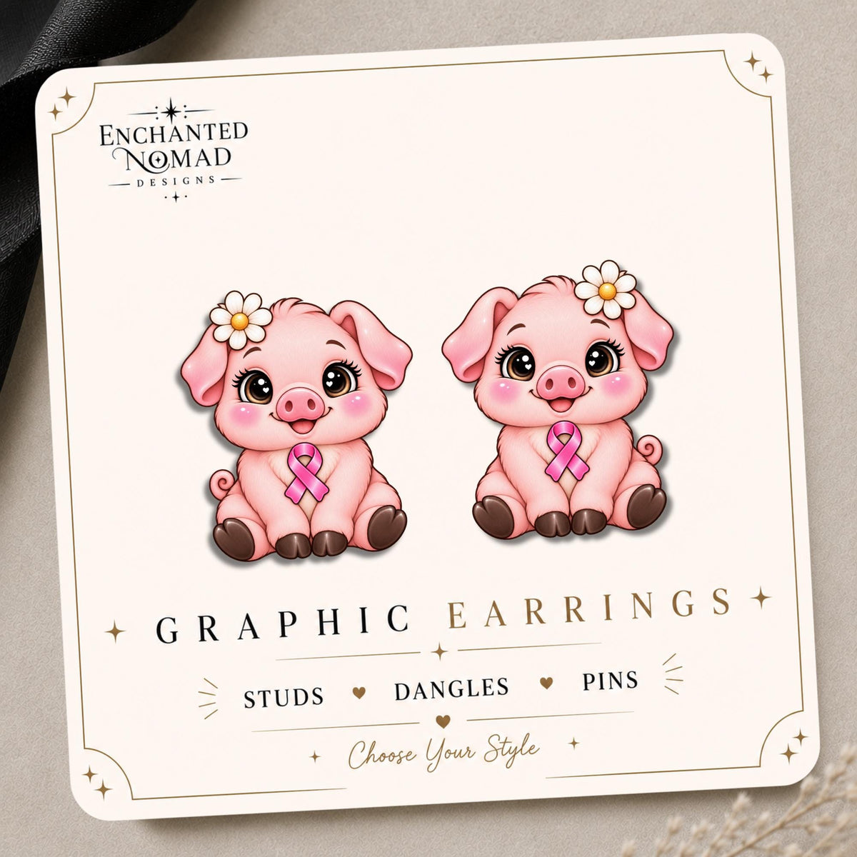 Pink Ribbon Sitting Pig Earrings & Pins on original display card