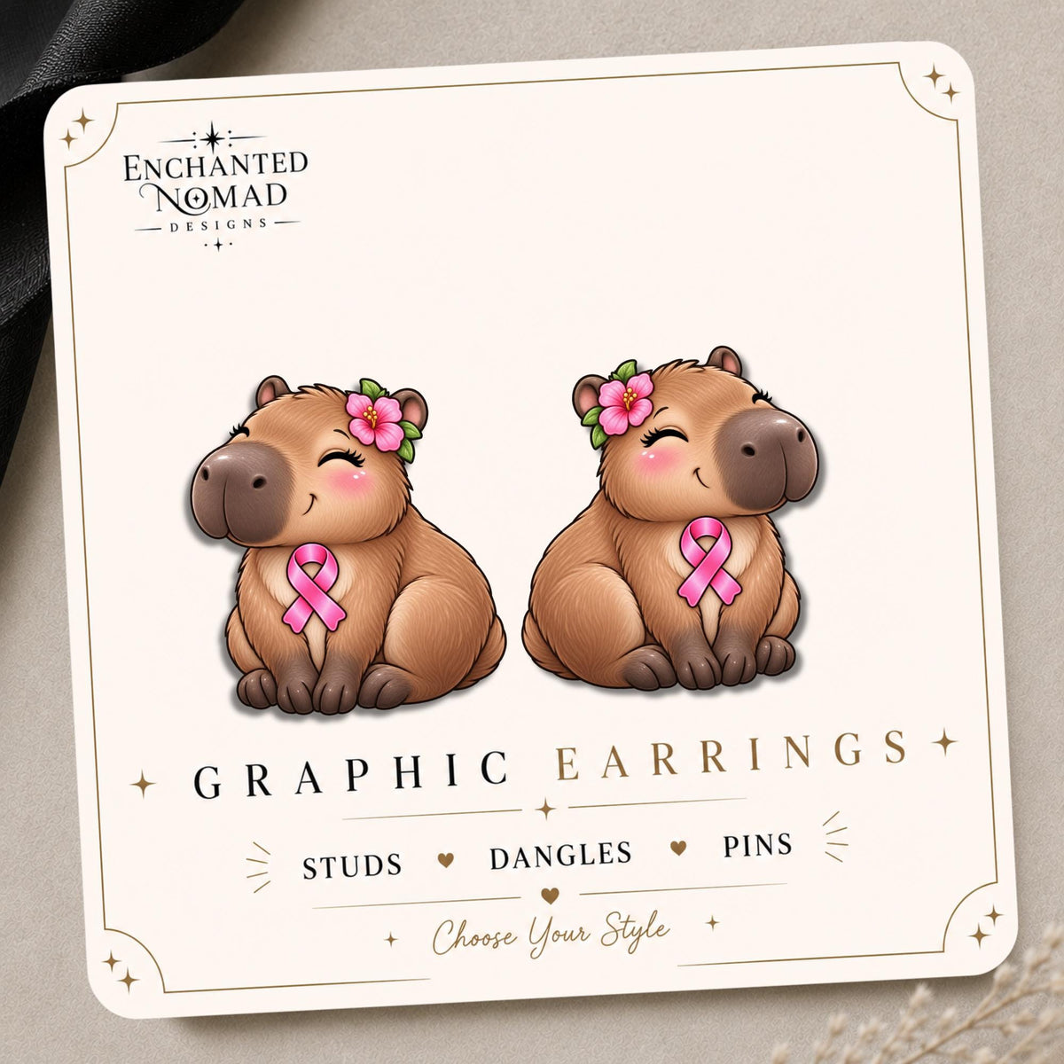 Pink Ribbon Capybara Earrings & Pins on original display card