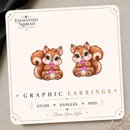 Pink Ribbon Squirrel Earrings & Pins on original display card