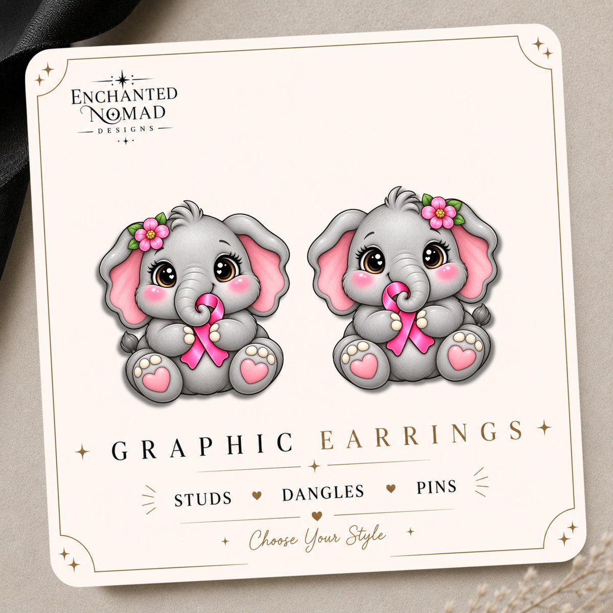 Gray Elephant with Pink Ribbon Earrings & Pins on original display card
