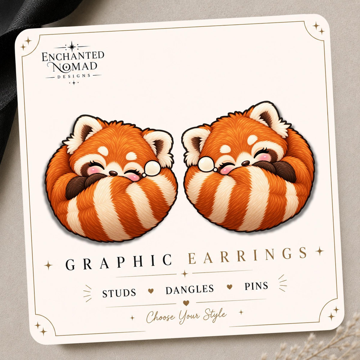 Curled Sleeping Red Panda Earrings & Pins on original display card