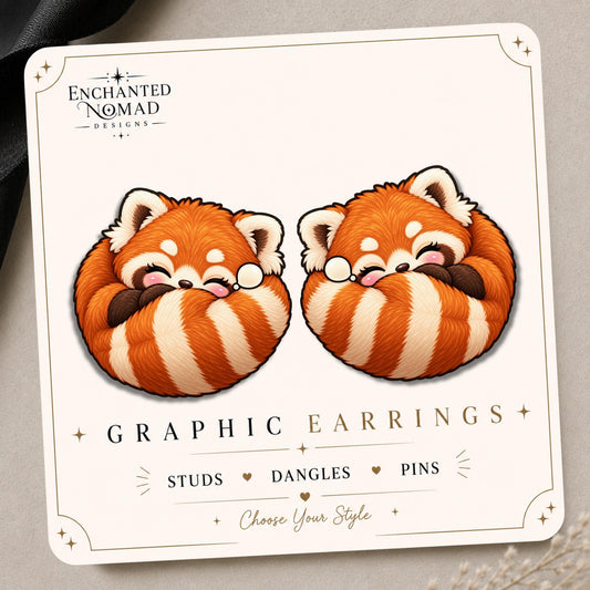 Curled Sleeping Red Panda Earrings & Pins on original display card