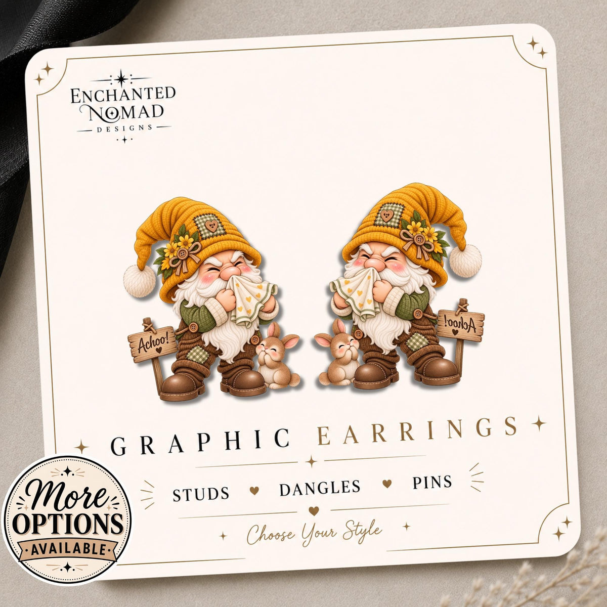Sneezing Gnome Earrings & Pins on original display card
