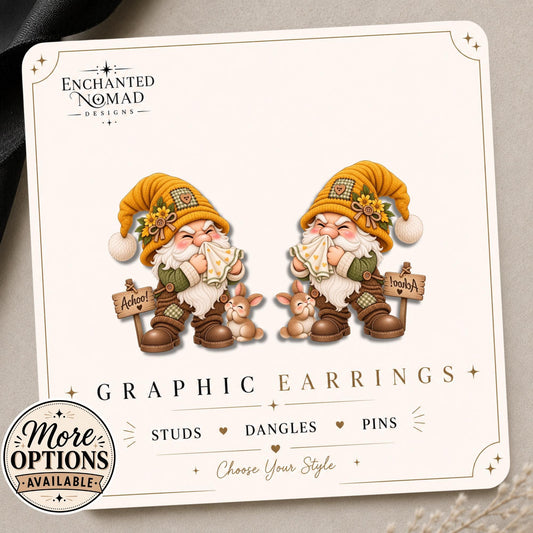 Sneezing Gnome Earrings & Pins on original display card