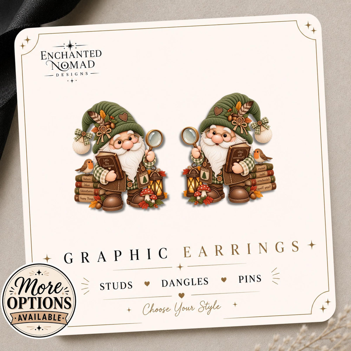 Professor Ponder Gnome Earrings & Pins on original display card