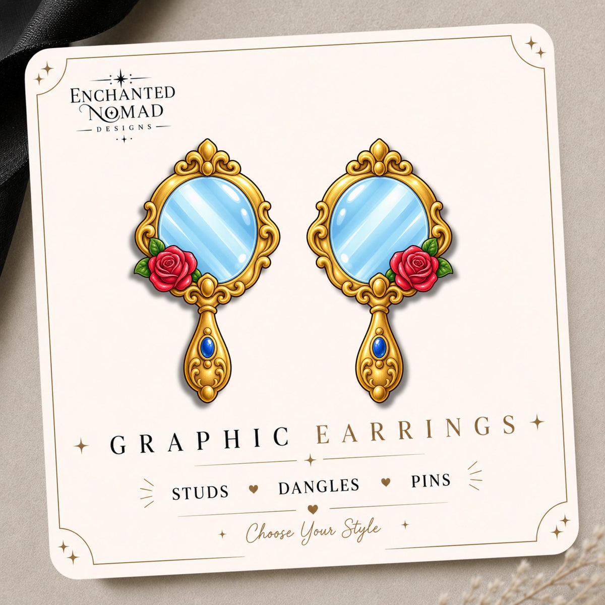 Enchanted Rose Mirror Earrings & Pins on original display card